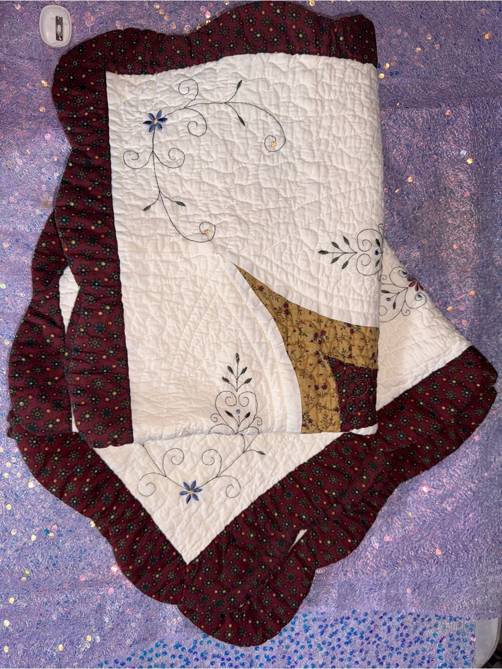 955-White Quilted Decorative Pillow Case set Burgundy and Gold Accents
